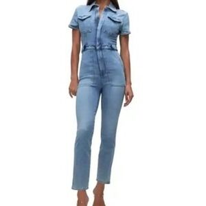 "Good American" Fit for Success Light Wash Denim Short Sleeve Jumpsuit Blue SZ 2